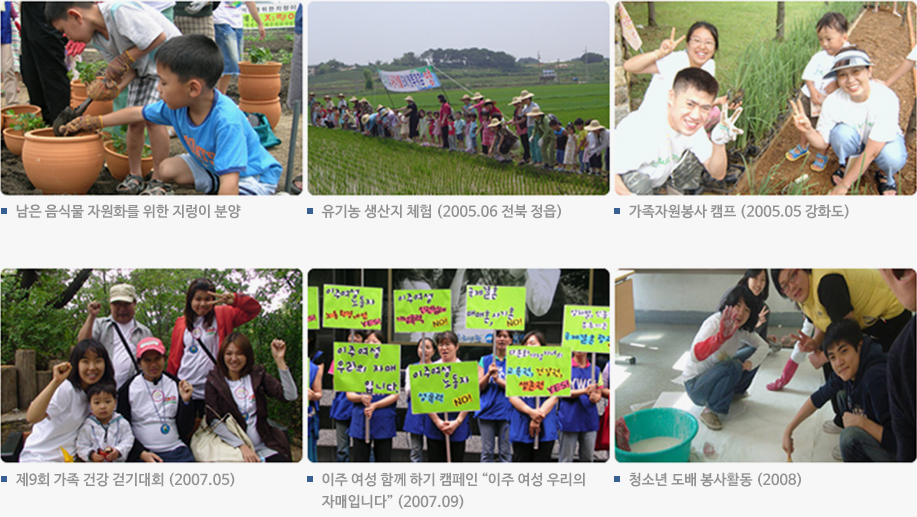 남은 음식물 자원화를 위한 지렁이 분양, 유기농 생산지 체험 (2005.06 전북 정읍), 가족자원봉사 캠프 (2005.05 강화도), 제9회 가족 건강 걷기대회 (2007.05), 이주 여성 함께 하기 캠페인 “이주 여성 우리의 자매입니다” (2007.09), 청소년 도배 봉사활동 (2008).